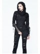 Ripped Hooded Finger Covered Splice Mesh Leather Loop Lace-Up Cuff Black Punk T-Shirt