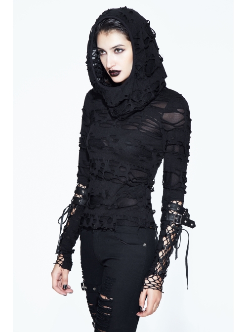 Ripped Hooded Finger Covered Splice Mesh Leather Loop Lace-Up Cuff Black Punk T-Shirt