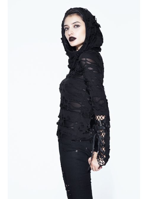 Ripped Hooded Finger Covered Splice Mesh Leather Loop Lace-Up Cuff Black Punk T-Shirt