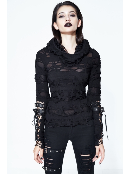 Ripped Hooded Finger Covered Splice Mesh Leather Loop Lace-Up Cuff Black Punk T-Shirt