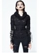 Ripped Hooded Finger Covered Splice Mesh Leather Loop Lace-Up Cuff Black Punk T-Shirt