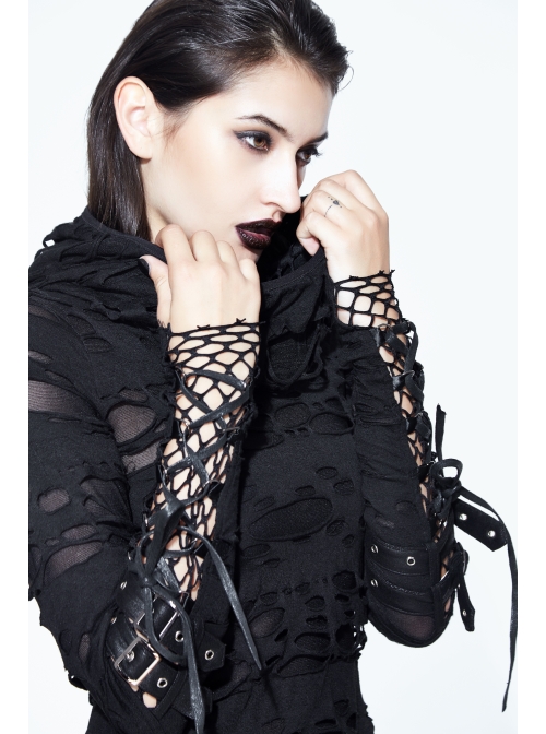 Ripped Hooded Finger Covered Splice Mesh Leather Loop Lace-Up Cuff Black Punk T-Shirt