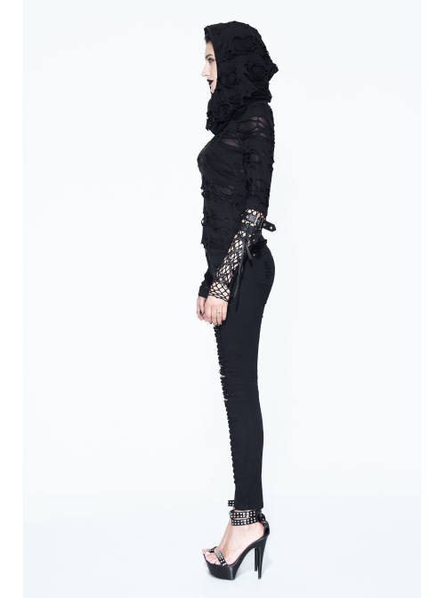 Ripped Hooded Finger Covered Splice Mesh Leather Loop Lace-Up Cuff Black Punk T-Shirt