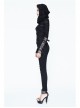 Ripped Hooded Finger Covered Splice Mesh Leather Loop Lace-Up Cuff Black Punk T-Shirt