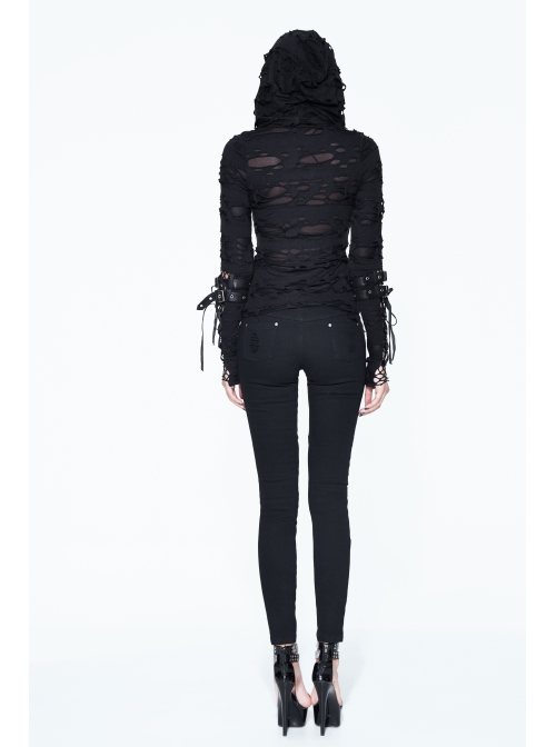 Ripped Hooded Finger Covered Splice Mesh Leather Loop Lace-Up Cuff Black Punk T-Shirt
