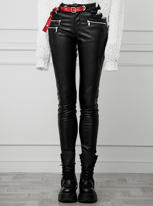 Steam Punk Female Contrast Color Belt Elastic PU Leather Skinny Pants