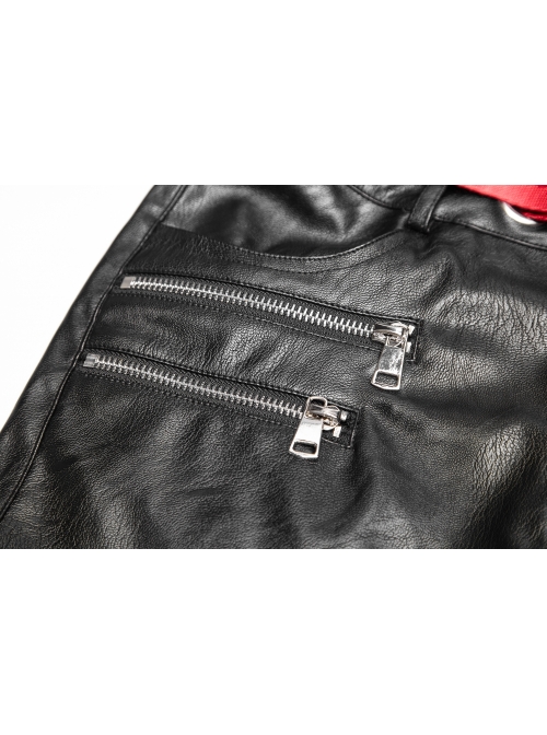 Steam Punk Female Contrast Color Belt Elastic PU Leather Skinny Pants