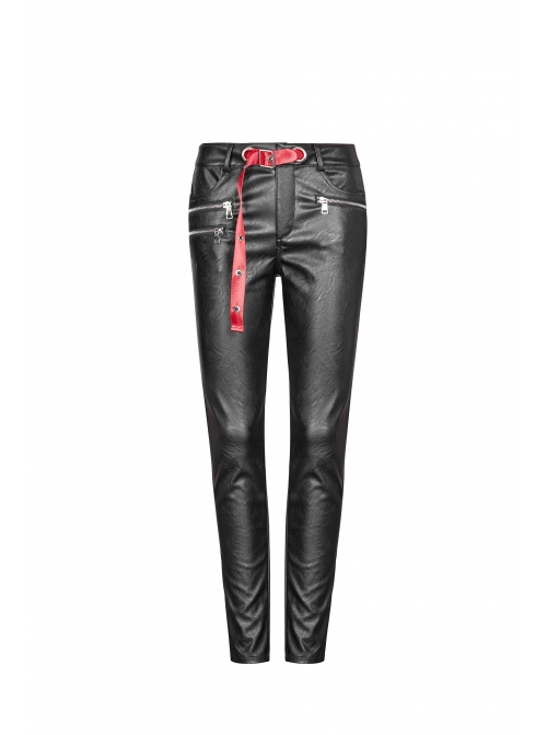 Steam Punk Female Contrast Color Belt Elastic PU Leather Skinny Pants