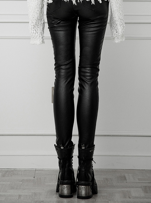 Steam Punk Female Contrast Color Belt Elastic PU Leather Skinny Pants