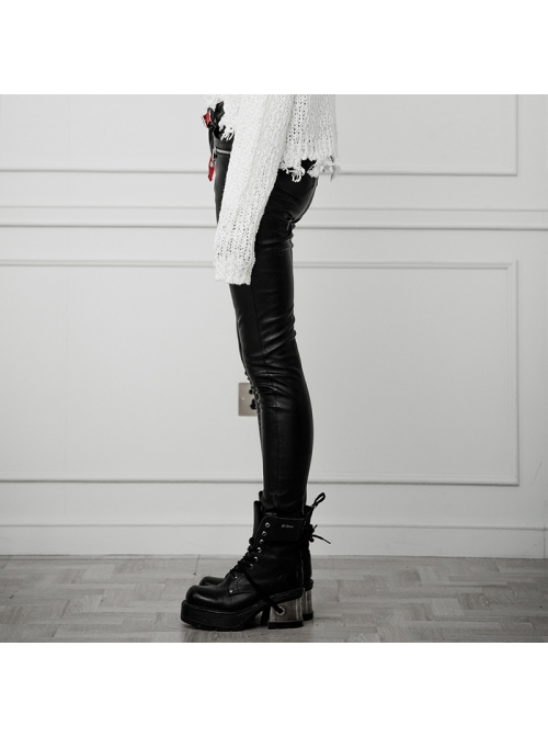 Steam Punk Female Contrast Color Belt Elastic PU Leather Skinny Pants