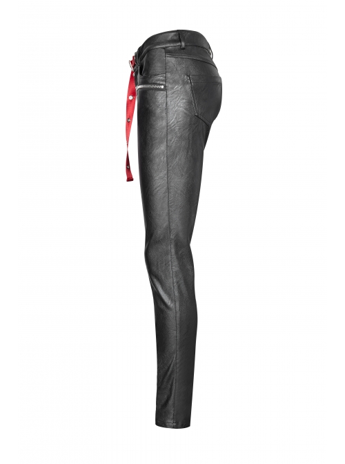 Steam Punk Female Contrast Color Belt Elastic PU Leather Skinny Pants
