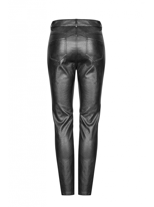Steam Punk Female Contrast Color Belt Elastic PU Leather Skinny Pants