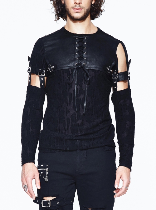 Irregular Jacquard Knitted Chest Lace-Up Leather Loop Sleeve Removable Black Punk T-Shirt
