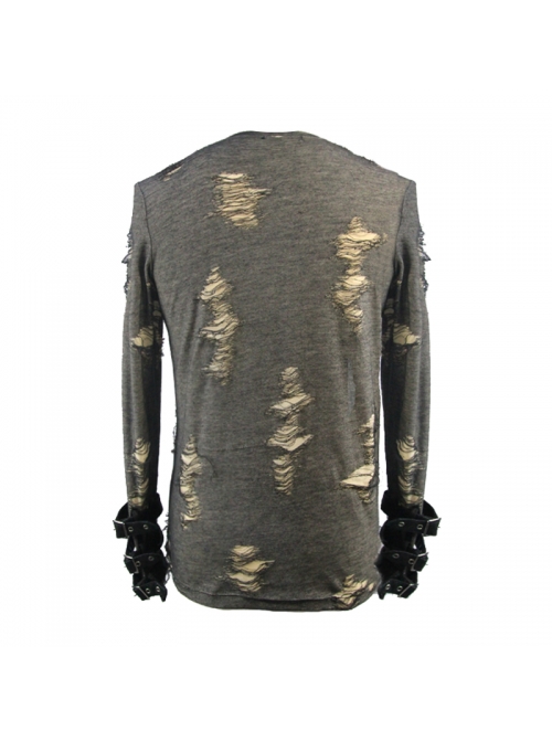Black Apricot Broken Holes Chest Lace-Up Loop Cuff Long Sleeves Punk T-Shirt