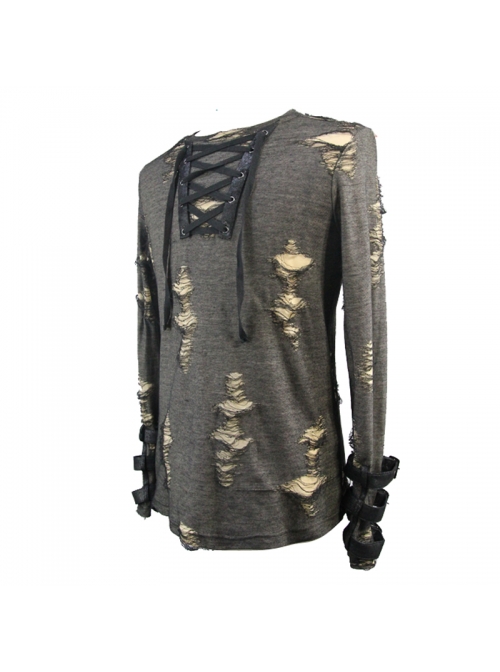 Black Apricot Broken Holes Chest Lace-Up Loop Cuff Long Sleeves Punk T-Shirt