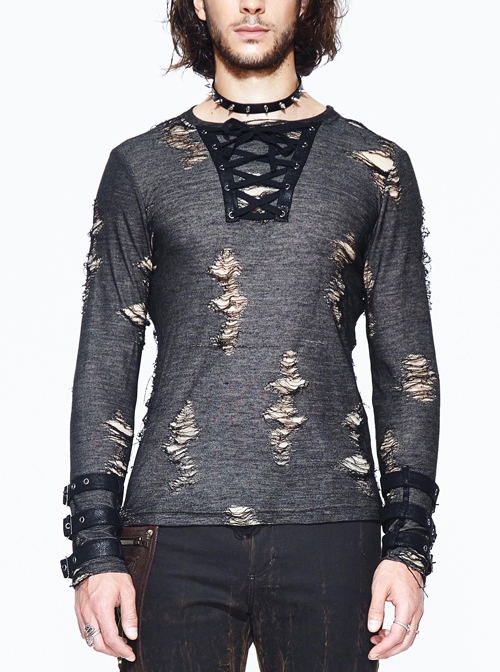 Black Apricot Broken Holes Chest Lace-Up Loop Cuff Long Sleeves Punk T-Shirt