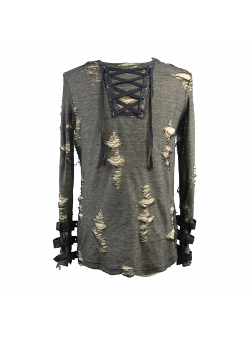 Black Apricot Broken Holes Chest Lace-Up Loop Cuff Long Sleeves Punk T-Shirt