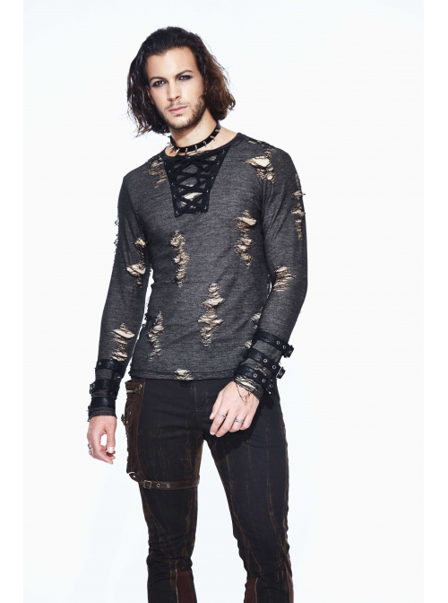 Black Apricot Broken Holes Chest Lace-Up Loop Cuff Long Sleeves Punk T-Shirt