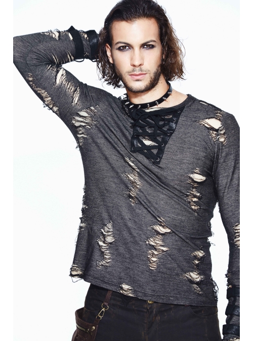 Black Apricot Broken Holes Chest Lace-Up Loop Cuff Long Sleeves Punk T-Shirt