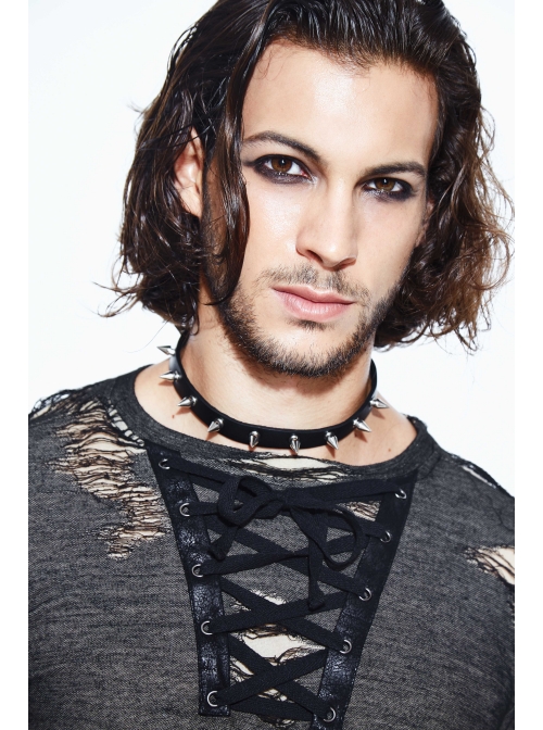 Black Apricot Broken Holes Chest Lace-Up Loop Cuff Long Sleeves Punk T-Shirt