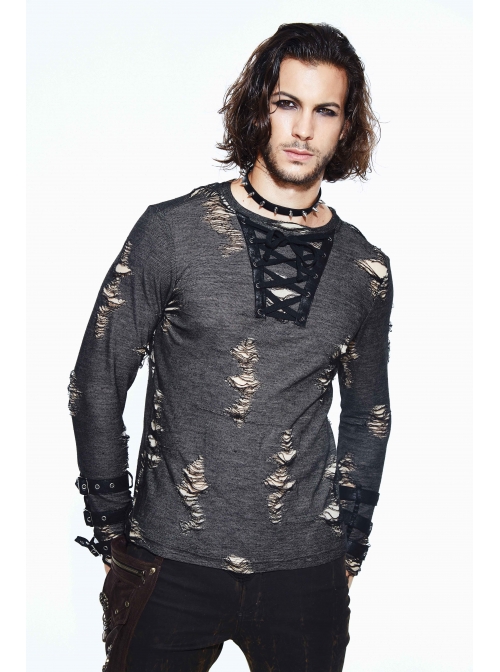 Black Apricot Broken Holes Chest Lace-Up Loop Cuff Long Sleeves Punk T-Shirt