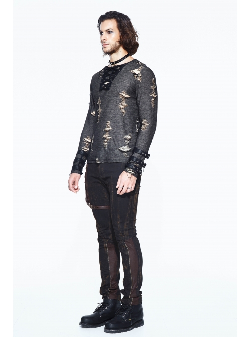 Black Apricot Broken Holes Chest Lace-Up Loop Cuff Long Sleeves Punk T-Shirt