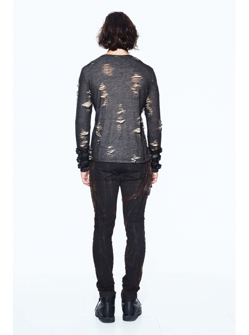 Black Apricot Broken Holes Chest Lace-Up Loop Cuff Long Sleeves Punk T-Shirt