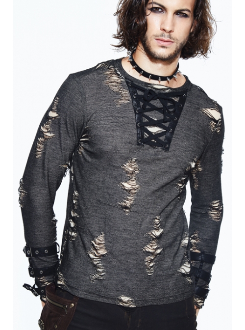 Black Apricot Broken Holes Chest Lace-Up Loop Cuff Long Sleeves Punk T-Shirt
