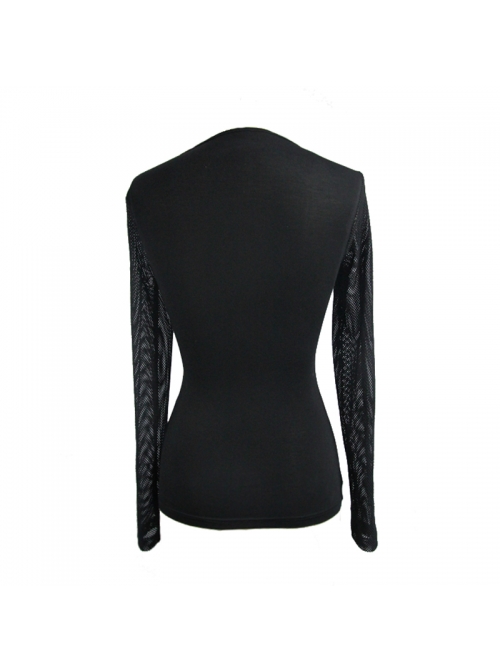 Super Elastic Leather Bra Transparent Mesh Long Sleeve Black Punk T-Shirt