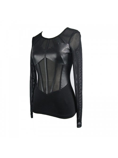 Super Elastic Leather Bra Transparent Mesh Long Sleeve Black Punk T-Shirt