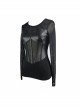 Super Elastic Leather Bra Transparent Mesh Long Sleeve Black Punk T-Shirt