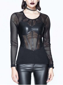 Super Elastic Leather Bra Transparent Mesh Long Sleeve Black Punk T-Shirt
