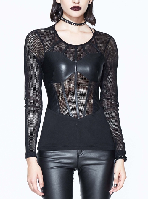 Super Elastic Leather Bra Transparent Mesh Long Sleeve Black Punk T-Shirt