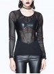 Super Elastic Leather Bra Transparent Mesh Long Sleeve Black Punk T-Shirt