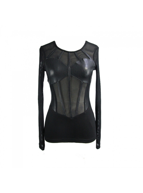 Super Elastic Leather Bra Transparent Mesh Long Sleeve Black Punk T-Shirt