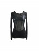 Super Elastic Leather Bra Transparent Mesh Long Sleeve Black Punk T-Shirt