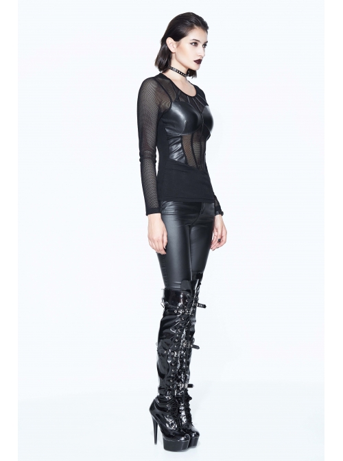 Super Elastic Leather Bra Transparent Mesh Long Sleeve Black Punk T-Shirt
