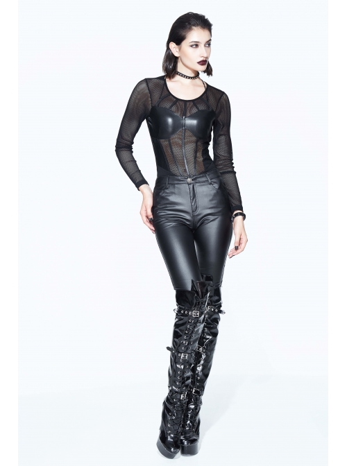 Super Elastic Leather Bra Transparent Mesh Long Sleeve Black Punk T-Shirt