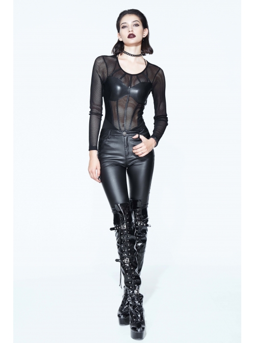Super Elastic Leather Bra Transparent Mesh Long Sleeve Black Punk T-Shirt