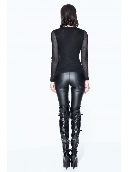 Super Elastic Leather Bra Transparent Mesh Long Sleeve Black Punk T-Shirt