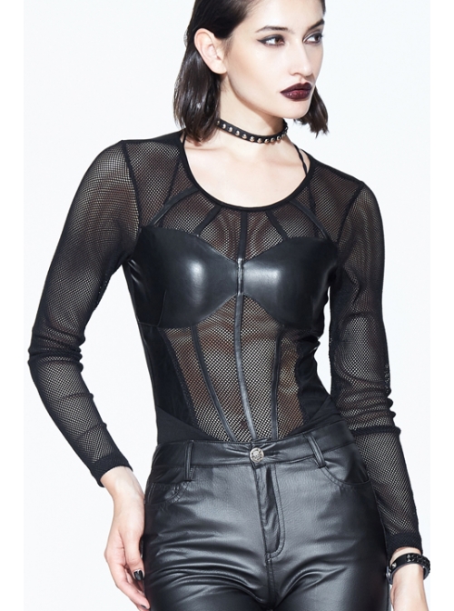 Super Elastic Leather Bra Transparent Mesh Long Sleeve Black Punk T-Shirt