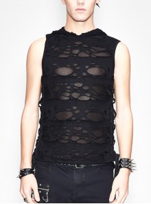 Ripped Side Ribbons Lace-Up Sleeveless Hooded Black Punk T-Shirt