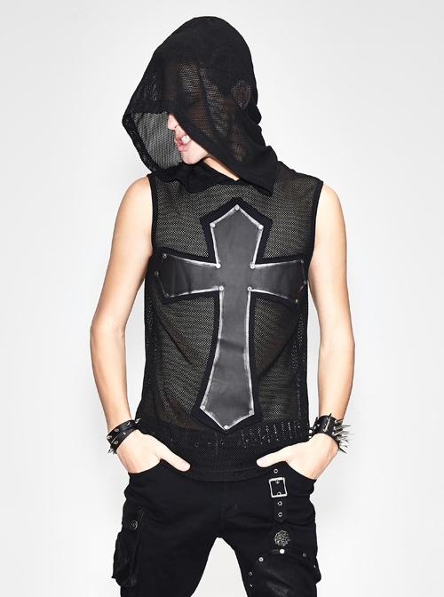 Mesh Splice Hand Rubbed Leather Rivet Cross Black Punk Sleeveless Hooded T-shirt