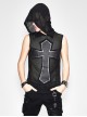 Mesh Splice Hand Rubbed Leather Rivet Cross Black Punk Sleeveless Hooded T-shirt