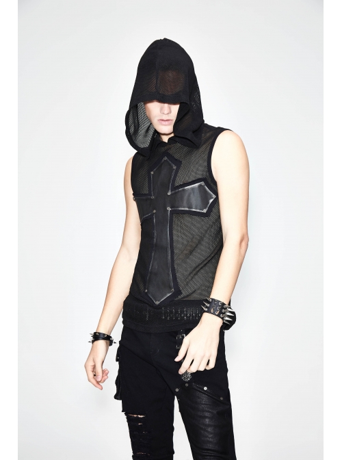 Mesh Splice Hand Rubbed Leather Rivet Cross Black Punk Sleeveless Hooded T-shirt