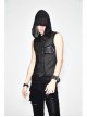 Mesh Splice Hand Rubbed Leather Rivet Cross Black Punk Sleeveless Hooded T-shirt