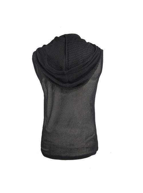 Mesh Splice Hand Rubbed Leather Rivet Cross Black Punk Sleeveless Hooded T-shirt