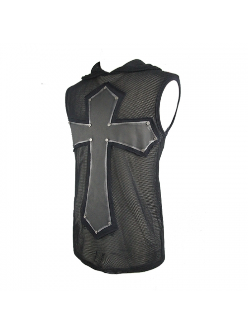 Mesh Splice Hand Rubbed Leather Rivet Cross Black Punk Sleeveless Hooded T-shirt