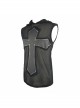 Mesh Splice Hand Rubbed Leather Rivet Cross Black Punk Sleeveless Hooded T-shirt