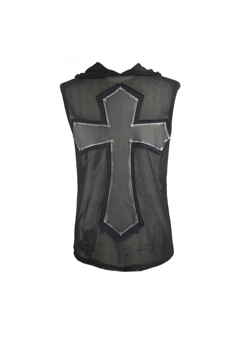 Mesh Splice Hand Rubbed Leather Rivet Cross Black Punk Sleeveless Hooded T-shirt